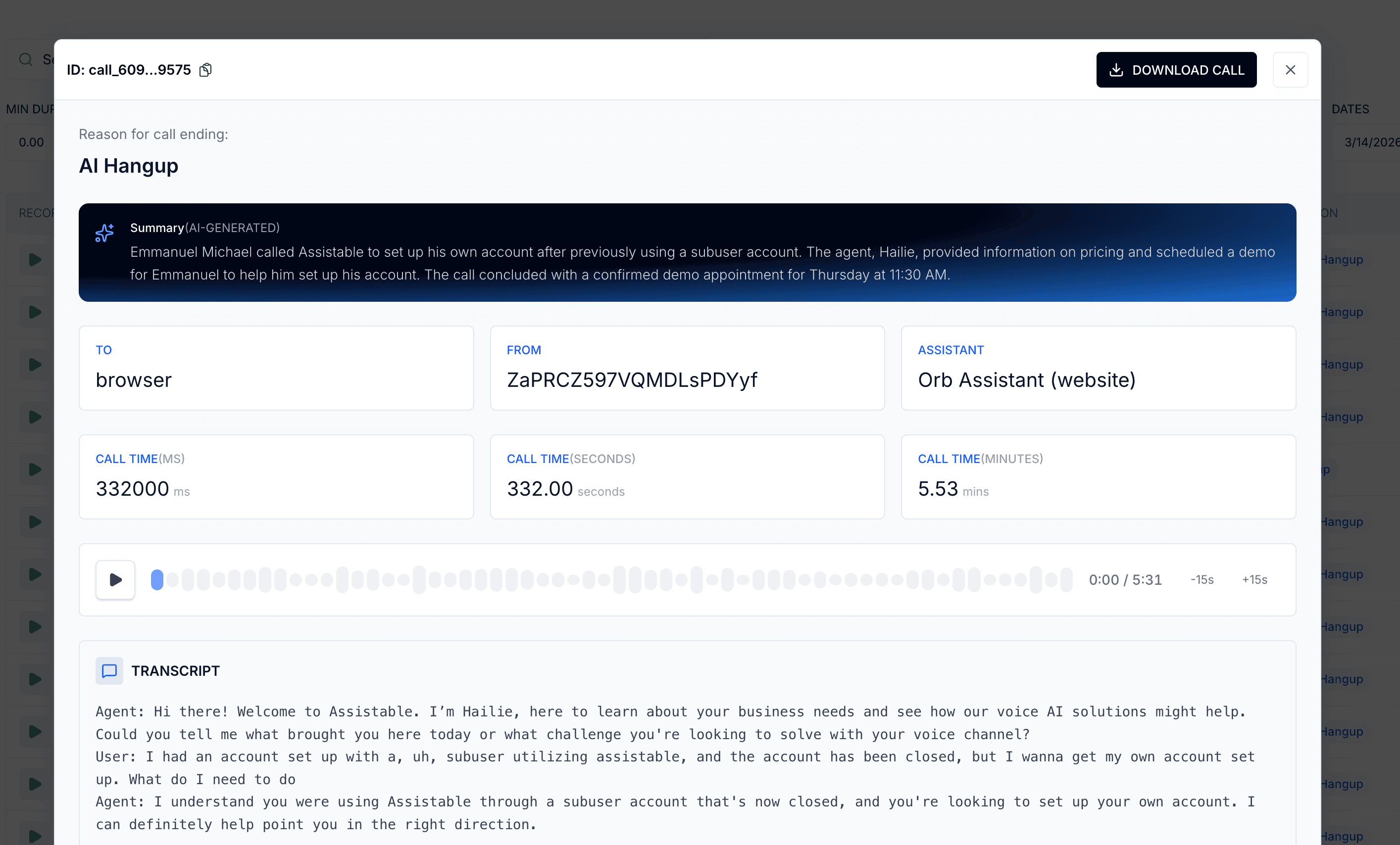 Call detail with AI summary and transcript