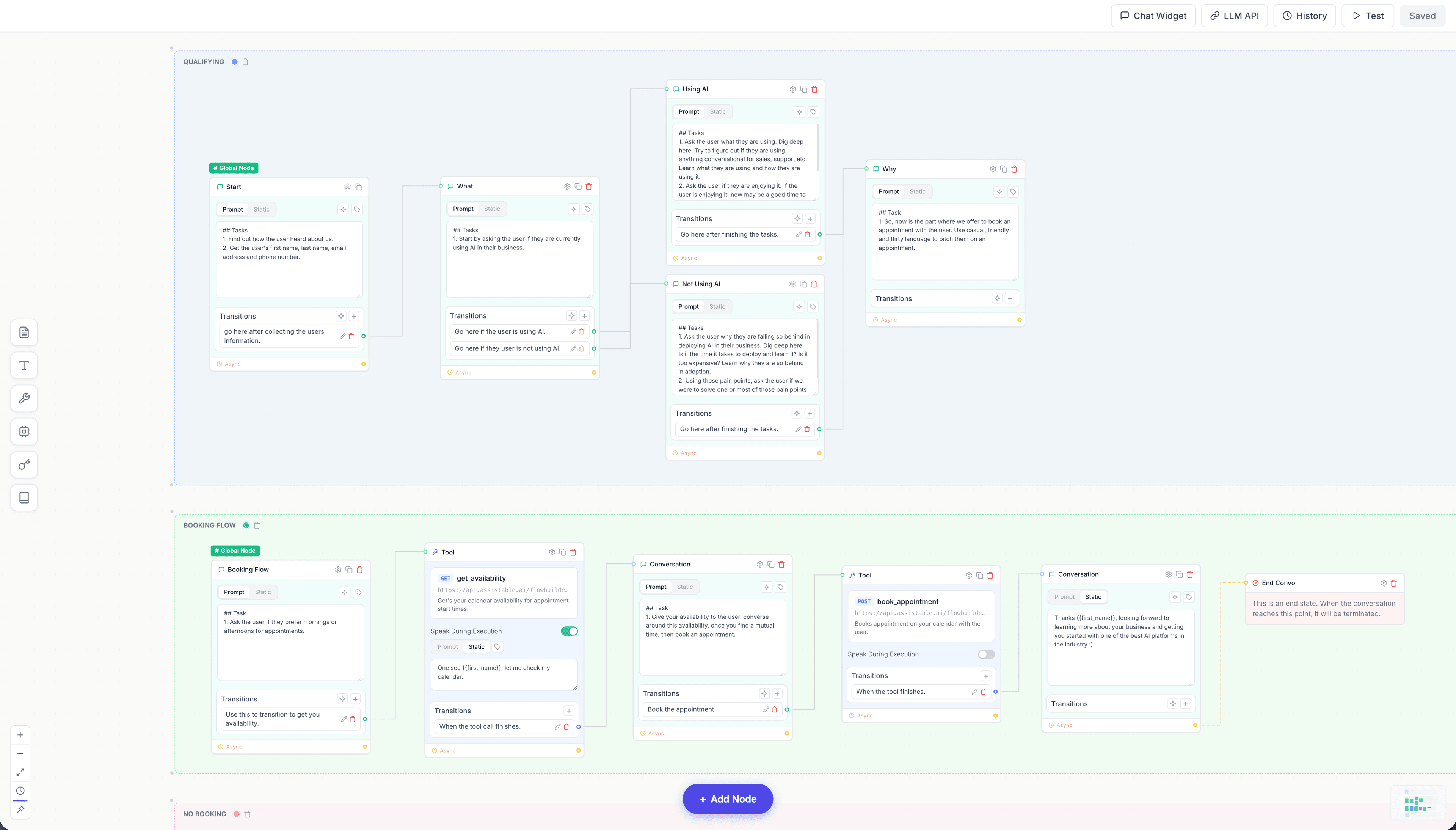 Assistable visual flow builder with qualifying and booking flow nodes
