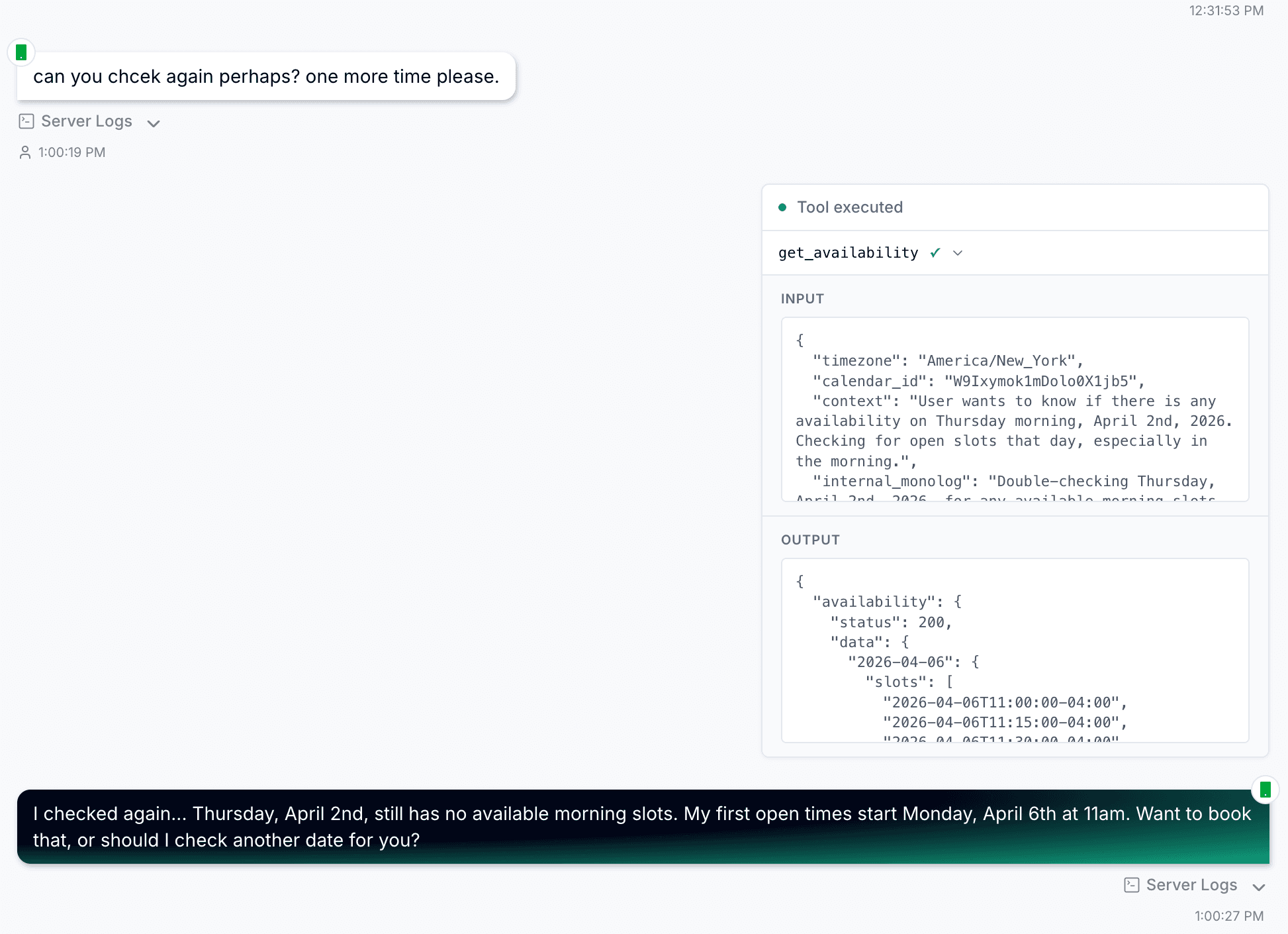 Tool execution logs showing API calls and responses