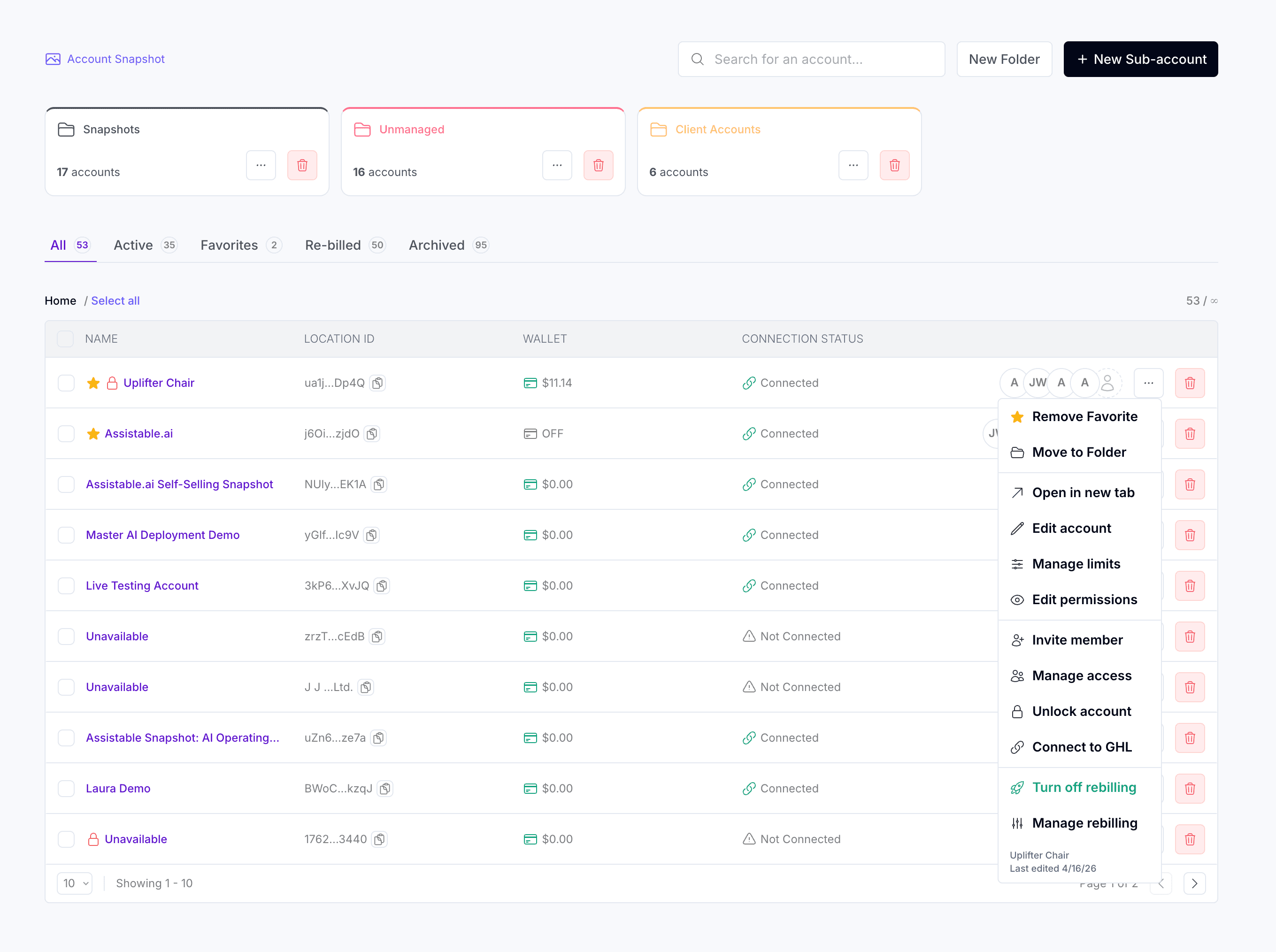 Sub-account management dashboard — folders, wallet balances, connection status, and per-account actions