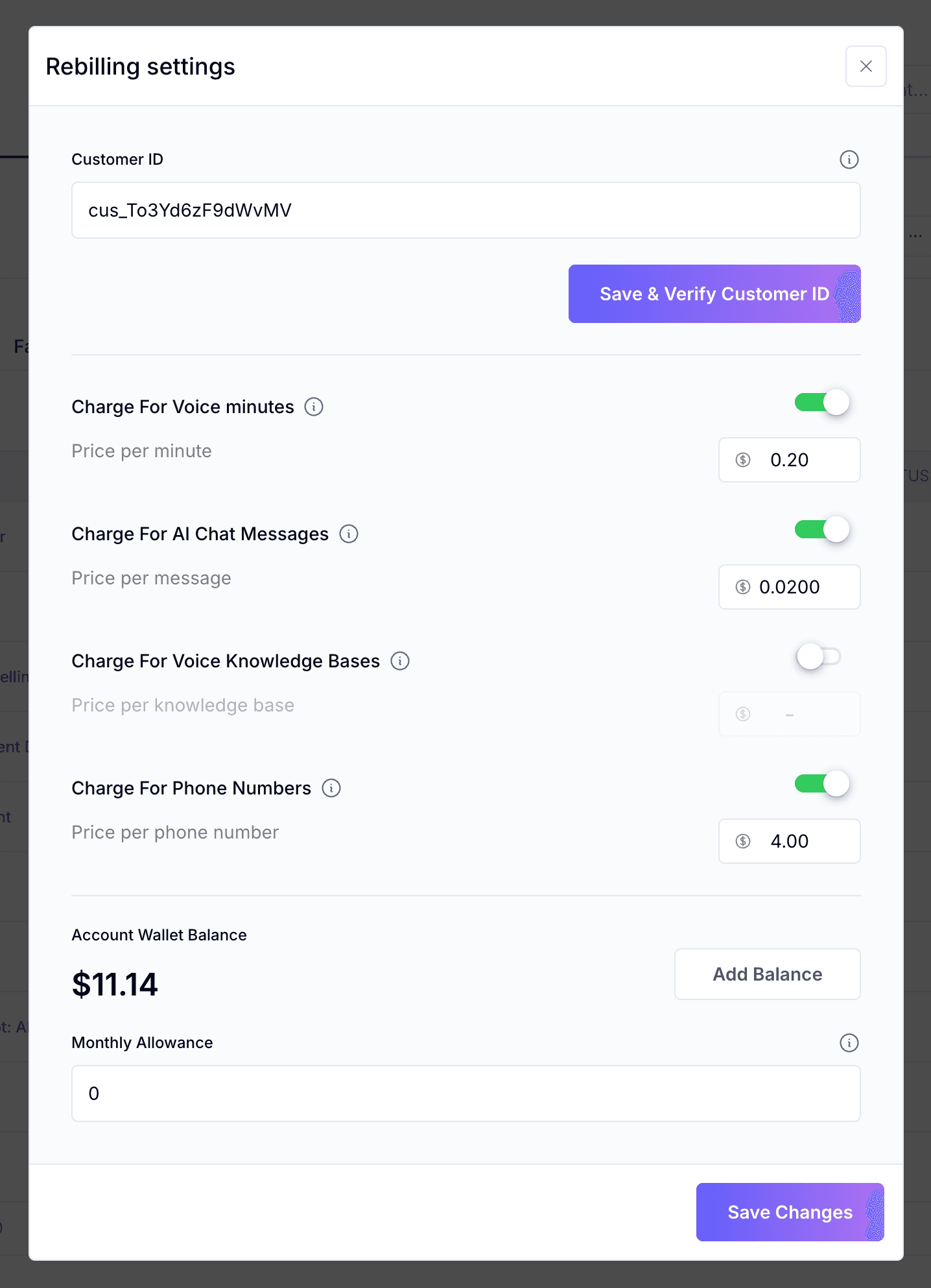 Rebilling settings — toggle charges, set per-minute and per-message markup, manage wallet balance