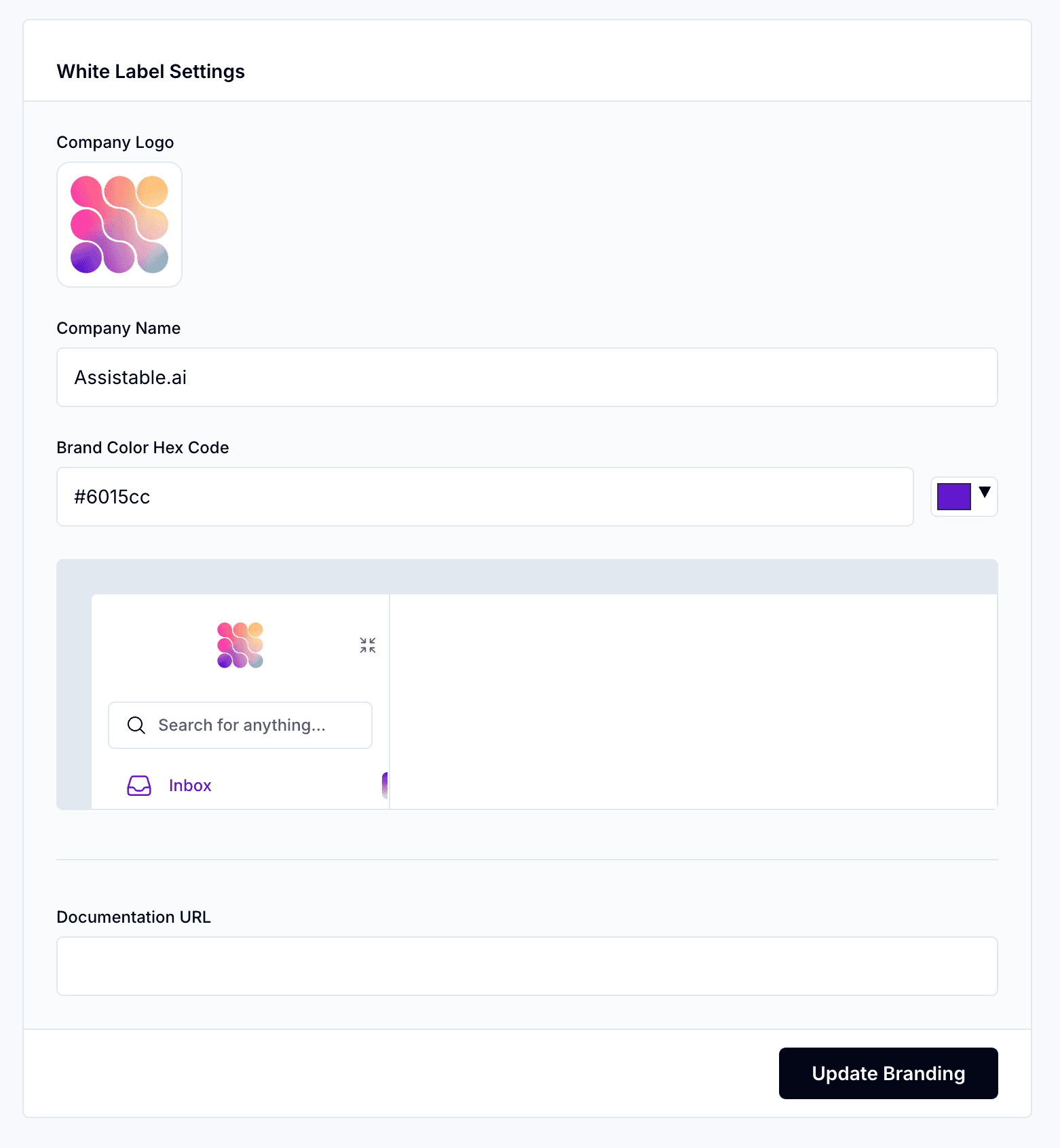 White-label settings — company logo upload, company name, brand color hex, and documentation URL